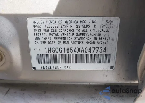 1999 Honda Accord Ex V6 z USA, uszkodzony, nr VIN 1HGCG1654XA047734